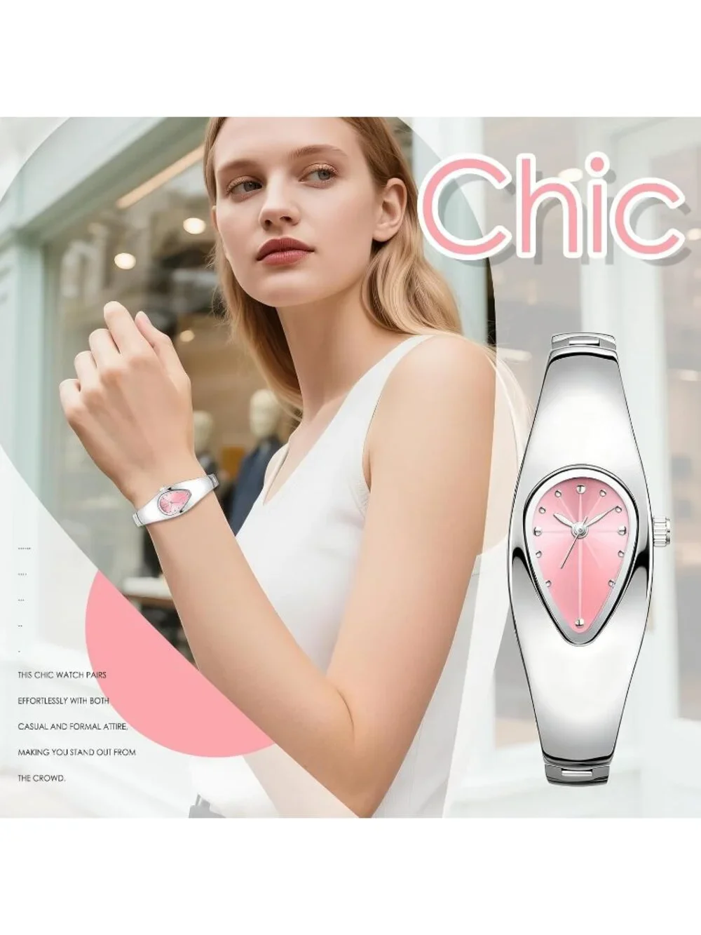 Women's Silver Pink Stainless Steel Strap Teardrop Shape Dial Quartz Wrist Watch